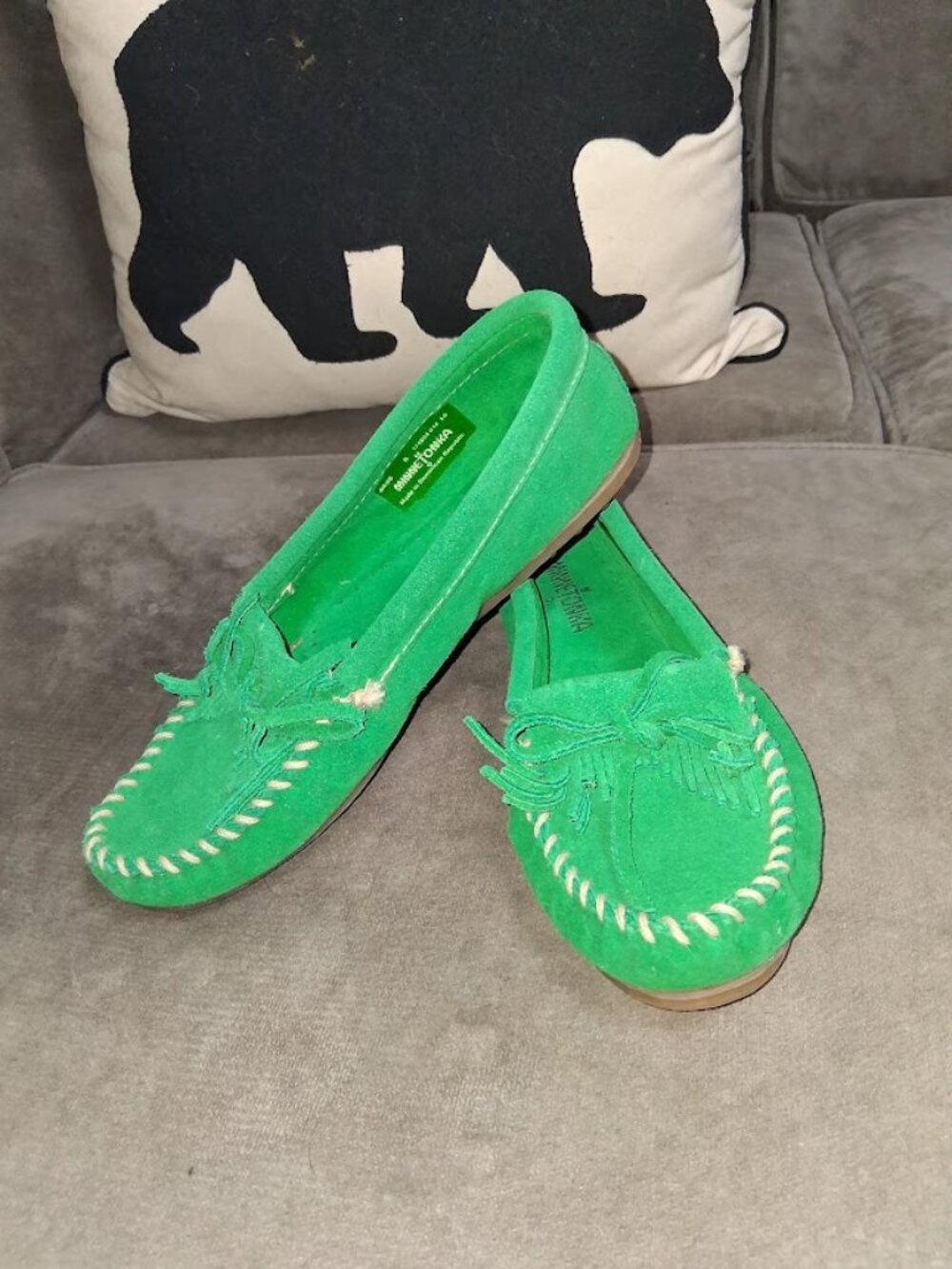 Minnetonka Green Suede Kiltie Moccasins Women's Sz 8M